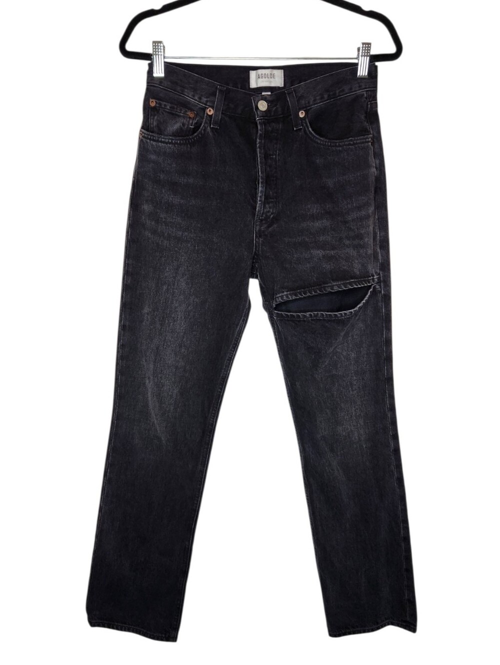 Agolde Lana Slice Jeans in Washed Black Button Fly 100% Cotton Size 26